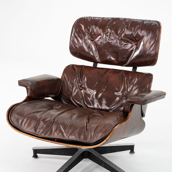 1956 Eames 670 & 671 Lounge Chair and Ottoman with Down-Filled Brown  Leather Cushions and Brazilian Rosewood