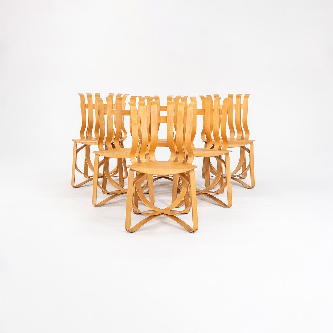 1990s Set of Six Hat Trick Dining Chairs, Model 91C, by Frank Gehry for Knoll in Bent Maple