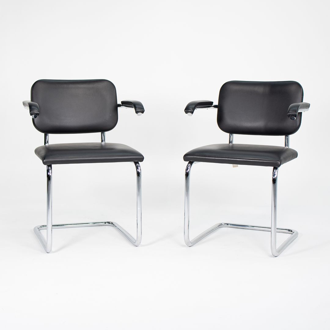 2010s Pair of Knoll Cesca Upholstered Armchair, Model 50A by Marcel Bruer for Knoll in Chromed Steel and Black Leather