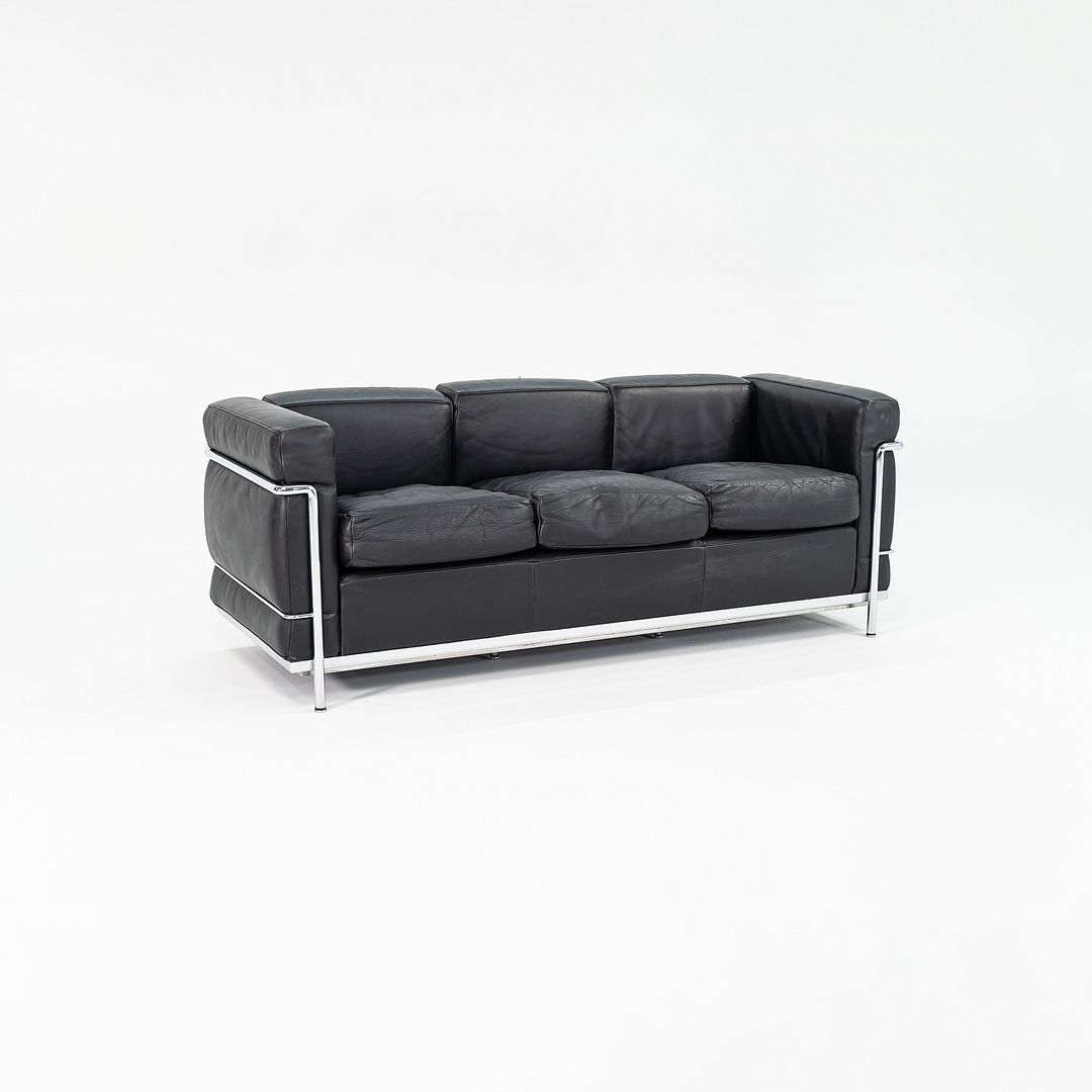 2008 LC2 Petite Modele Three Seat Sofa by Le Corbusier, Pierre Jeanneret, and Charlotte Perriand for Cassina in Black Leather