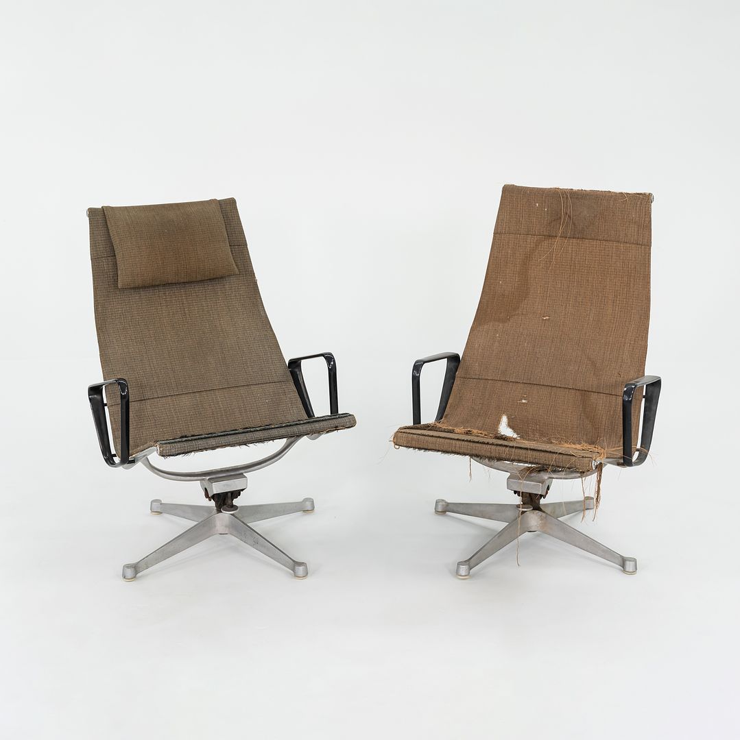 1958 Aluminum Group Lounge Chair, Model 682 by Ray and Charles Eames for Herman Miller in Rare Ratan Fabric