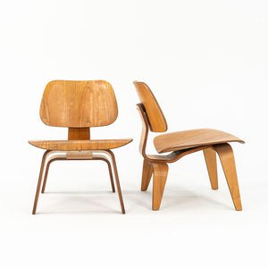 SOLD 1951 LCW Lounge Chairs by Ray and Charles Eames for Herman Miller, Evans Calico Ash, Rubber, Steel