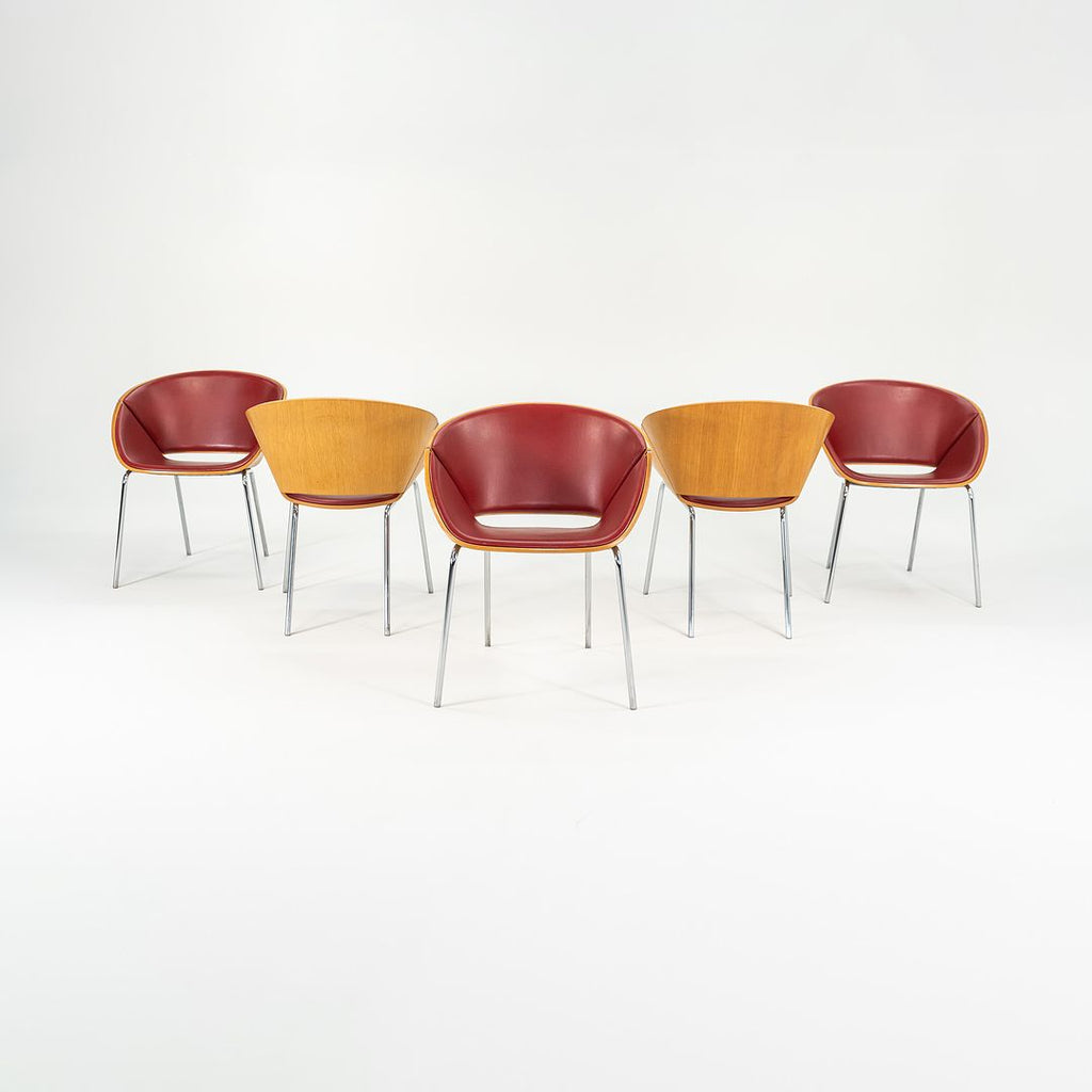 1990s Set of Five Lipse Dining Chairs by Wolfgang Mezger for Walter Knoll in Red Leather and Bent Plywood