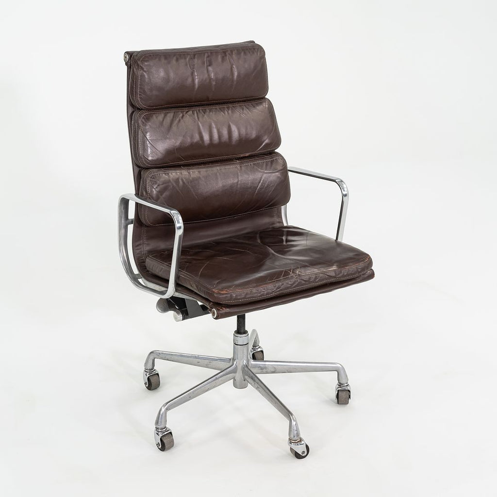 SOLD 1984 Herman Miller Eames Soft Pad Executive Desk Chair in Brown Leather with Fabric Back