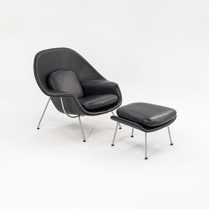 1960s Womb Lounge Chair and Ottoman, Model 70L and 74Y, by Eero Saarinen for Knoll in New Black Leather Upholstery