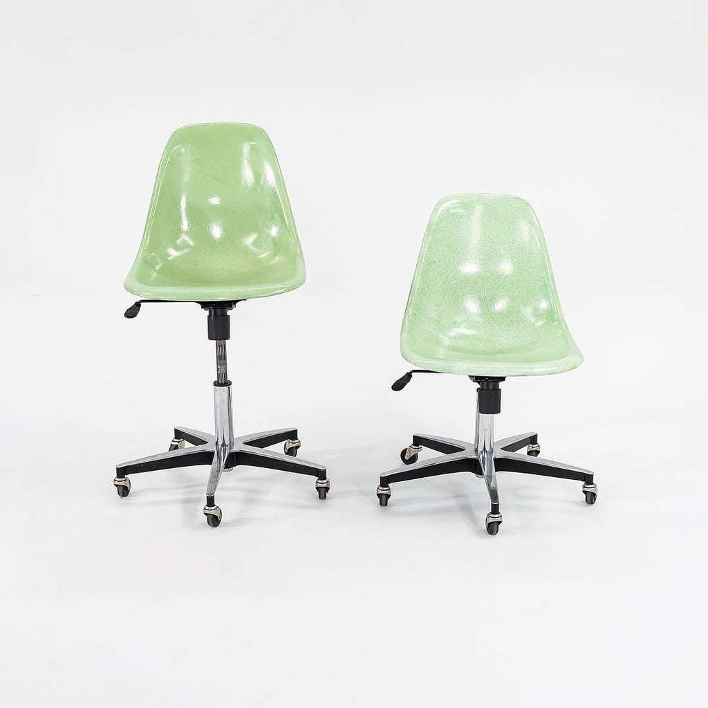 2010s Eames Modernica Fiberglass Side Shell Chairs with Rolling Desk Chair Bases in Light Green 4x Available