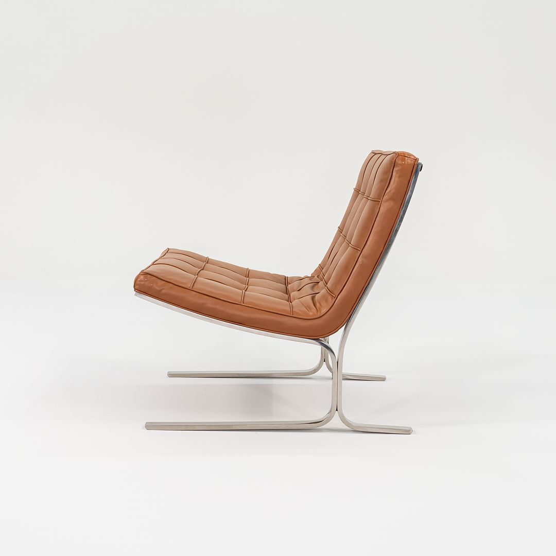 1960s Pair of CH28 Lounge Chairs by Nicos Zographos for Zographos Designs Ltd. in Cognac Leather and Stainless