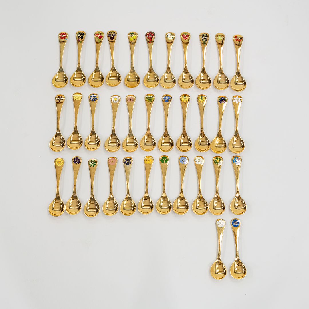 Georg Jensen Annual Spoon Collection in Gilt Sterling Silver with Enamel, 35 Pieces