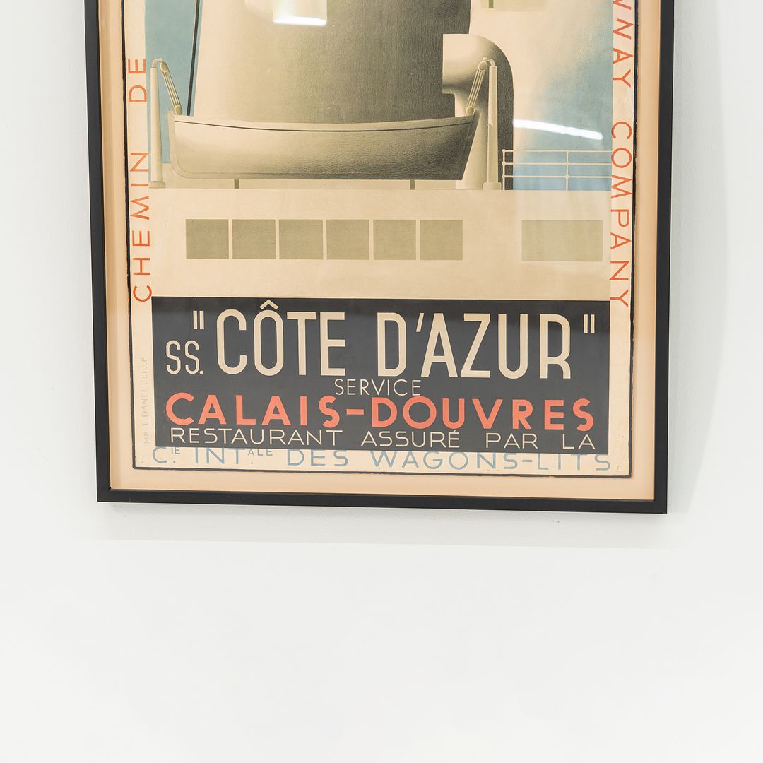 1931 COTE D'AZUR Travel Poster, 1931 by Adolphe Jean-Marie Mouron for Danel and Lille Glass, Paper, Wood, Ink