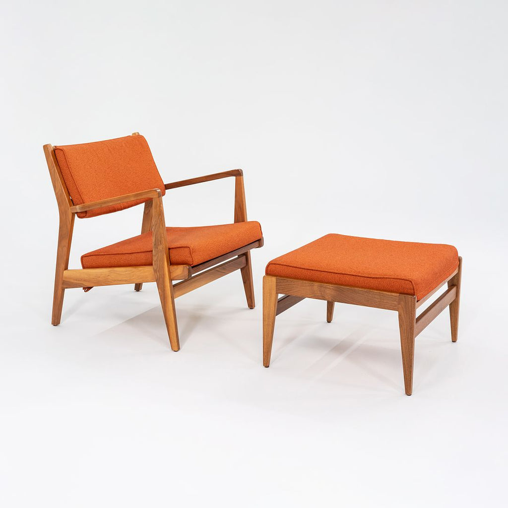 C. 2020 Jens Risom Lounge Chair and Ottoman for DWR in Orange Maharam Fabric and Walnut