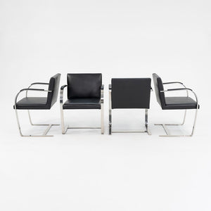 1970 Set of Four Brno Flat Bar Armchairs, Model 255 by Mies van der Rohe for Knoll in Stainless Steel and New Black Leather