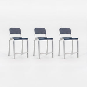 2010s Emeco 1951 Counter Stools by BMW Designworks in Brushed Aluminum with Blue Seats, 12x Available