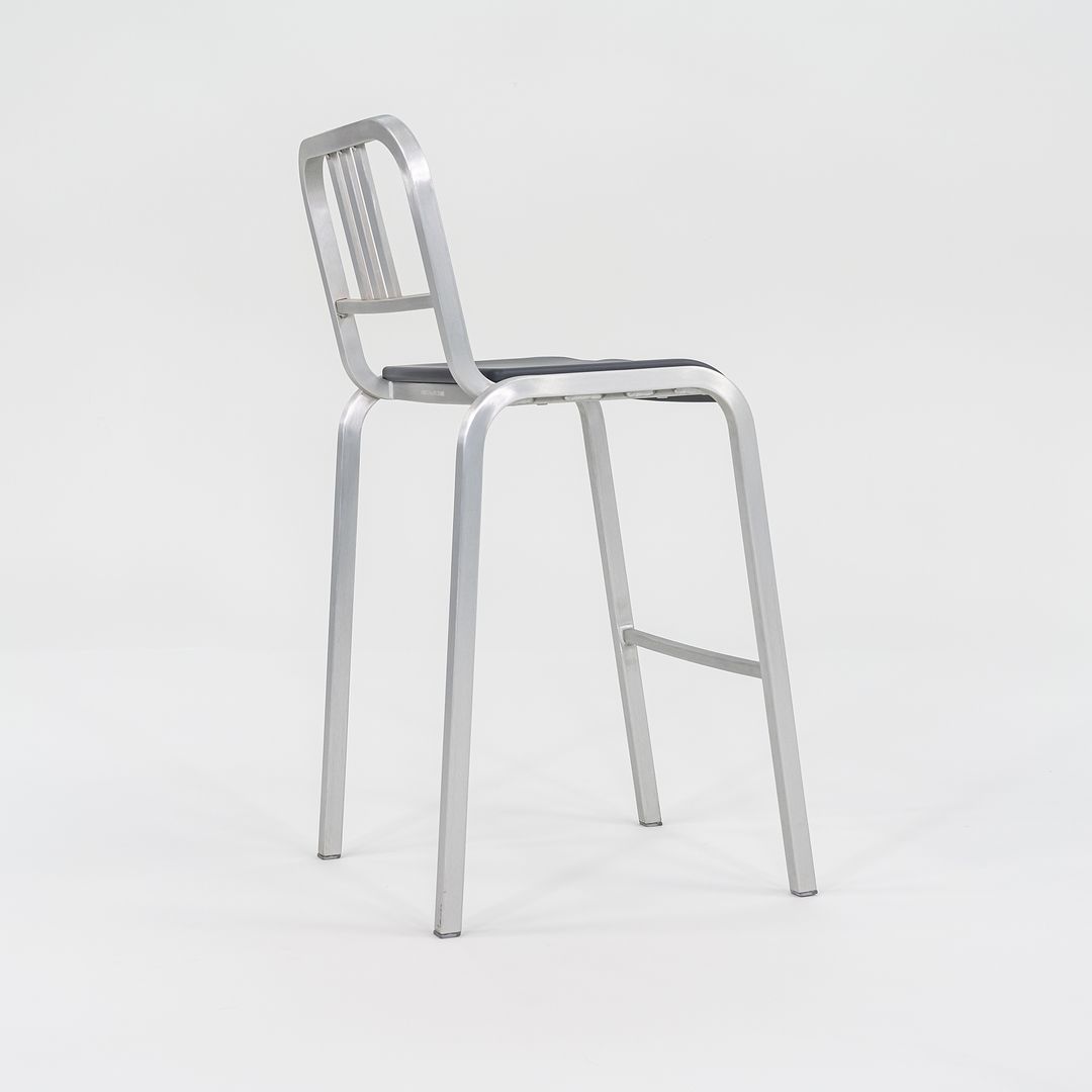 2022 New Nine-O Bar Stool by Ettore Sottsass for Emeco in Brushed Aluminum with Grey Seats 18x Available