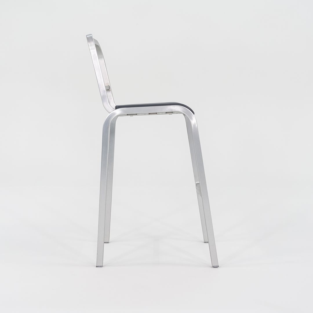 2022 New Nine-O Bar Stool by Ettore Sottsass for Emeco in Brushed Aluminum with Grey Seats 18x Available