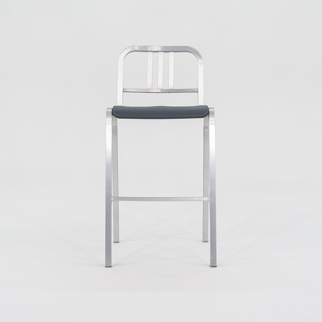 2022 New Nine-O Bar Stool by Ettore Sottsass for Emeco in Brushed Aluminum with Grey Seats 18x Available