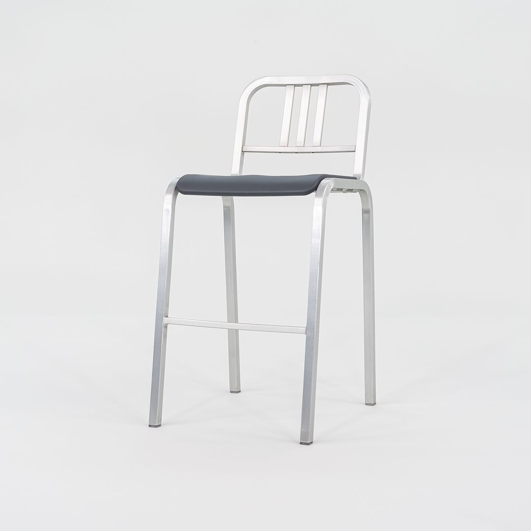 2022 New Nine-O Bar Stool by Ettore Sottsass for Emeco in Brushed Aluminum with Grey Seats 18x Available