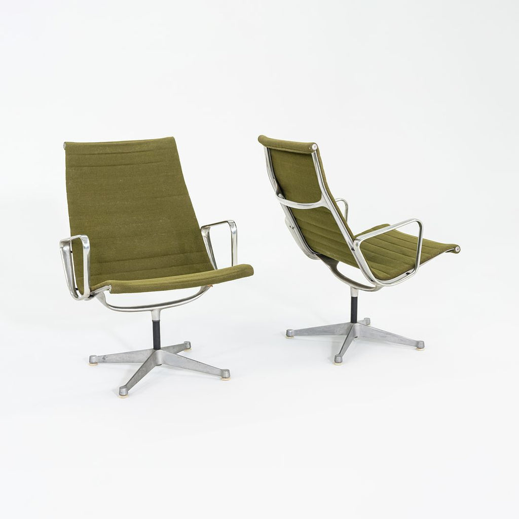 1964 Pair of Aluminum Group Lounge Chairs, Model EA124 by Ray and Charles Eames for Herman Miller in Green Fabric by Alexander Girard