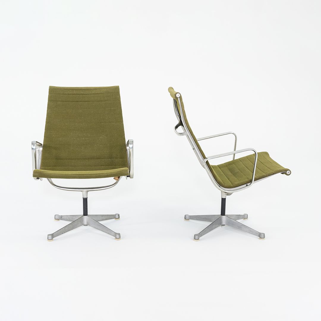 SOLD 1964 Pair of Aluminum Group Lounge Chairs, Model EA124 by Ray and Charles Eames for Herman Miller in Green Fabric by Alexander Girard