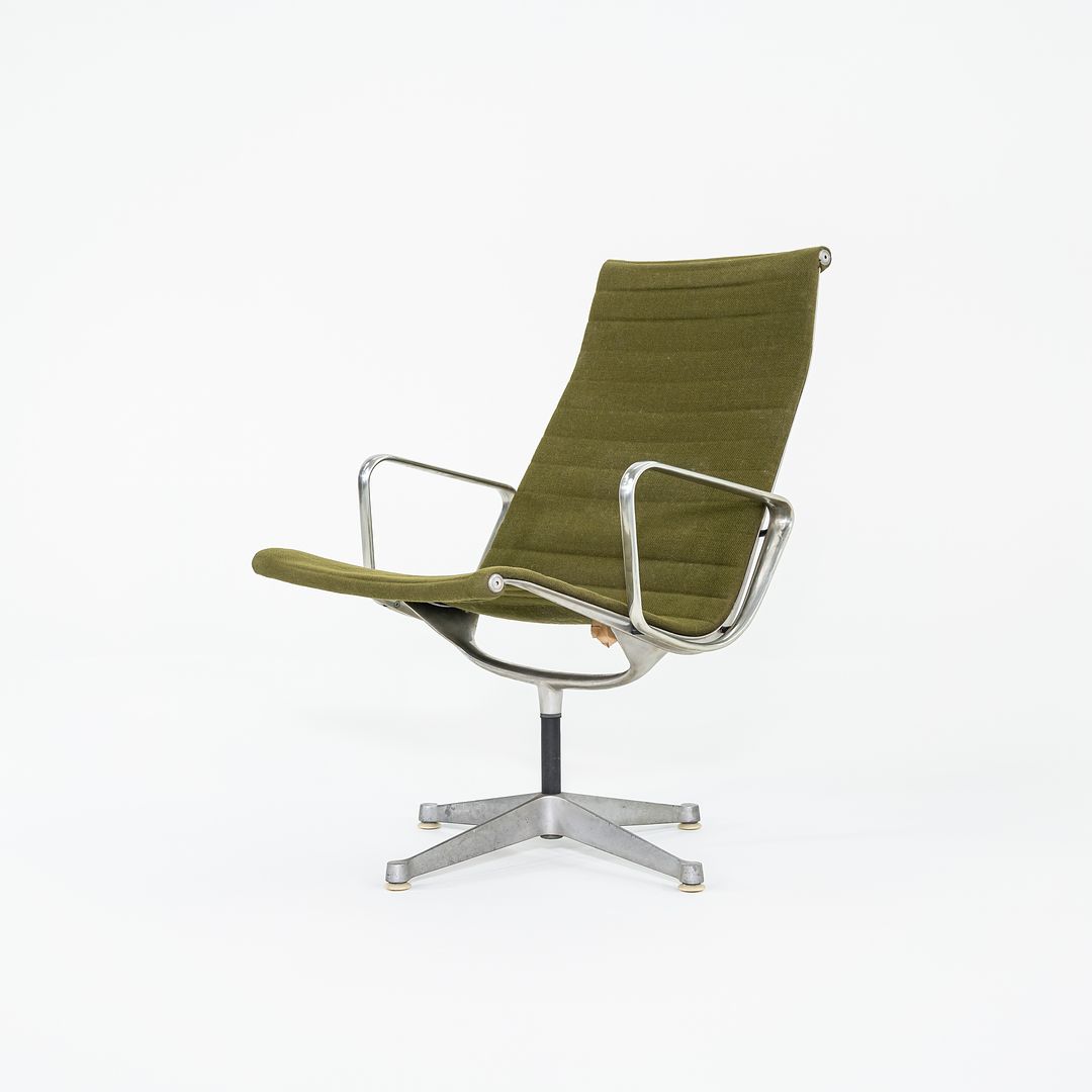 SOLD 1964 Pair of Aluminum Group Lounge Chairs, Model EA124 by Ray and Charles Eames for Herman Miller in Green Fabric by Alexander Girard