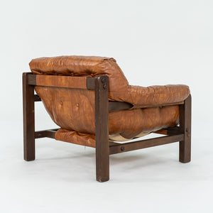 SOLD 1977 Pair of Percival Lafer Style Sling Lounge Chairs in Brown Naugahyde and Stained Walnut