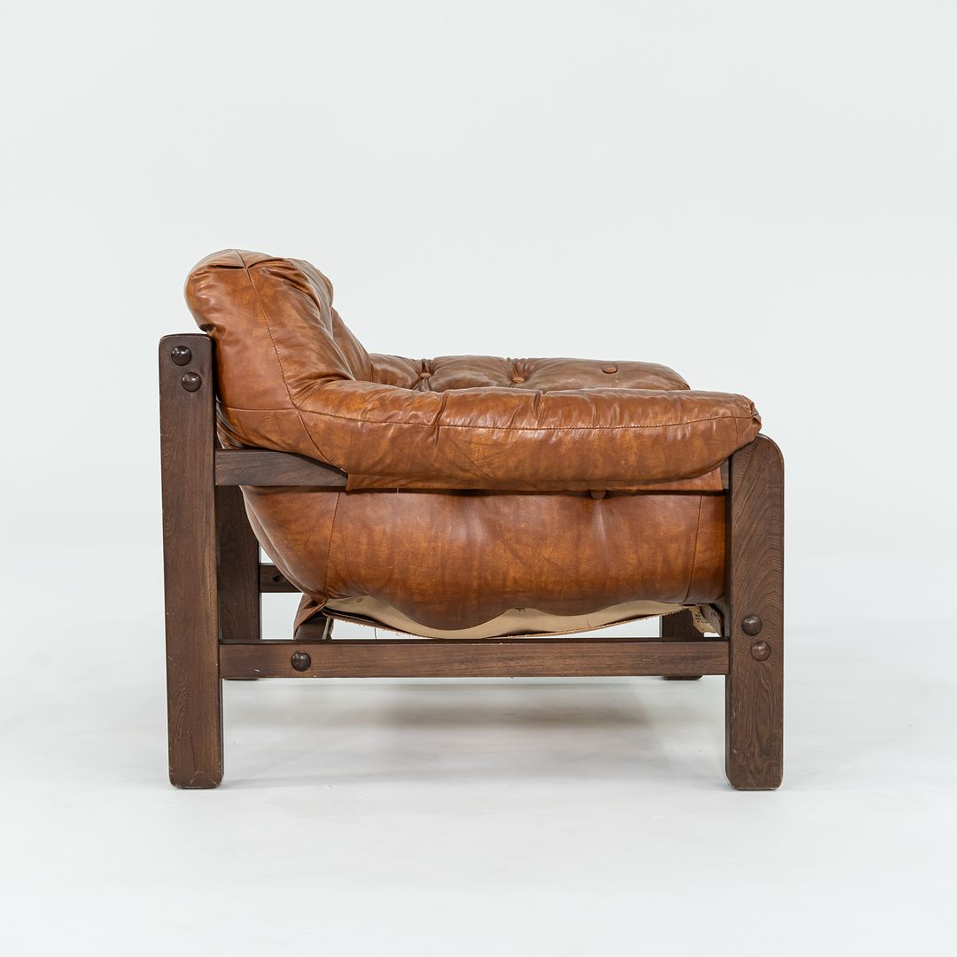 1977 Pair of Percival Lafer Style Sling Lounge Chairs in Brown Naugahyde and Stained Walnut