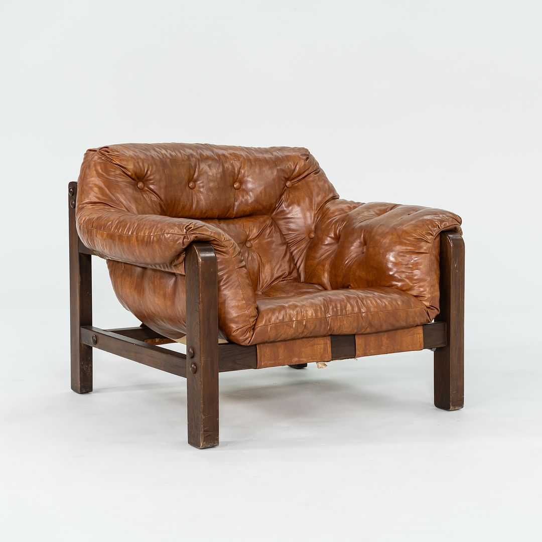 SOLD 1977 Pair of Percival Lafer Style Sling Lounge Chairs in Brown Naugahyde and Stained Walnut