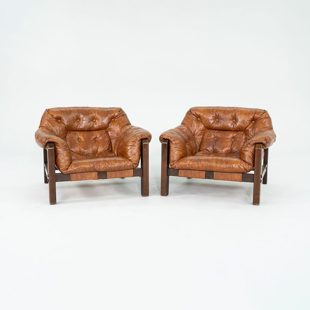 1977 Pair of Percival Lafer Style Sling Lounge Chairs in Brown Naugahyde and Stained Walnut