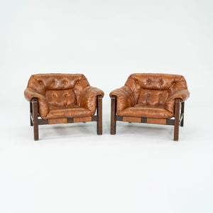 SOLD 1977 Pair of Percival Lafer Style Sling Lounge Chairs in Brown Naugahyde and Stained Walnut