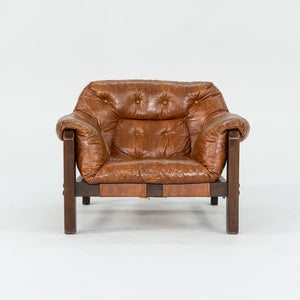 SOLD 1977 Pair of Percival Lafer Style Sling Lounge Chairs in Brown Naugahyde and Stained Walnut