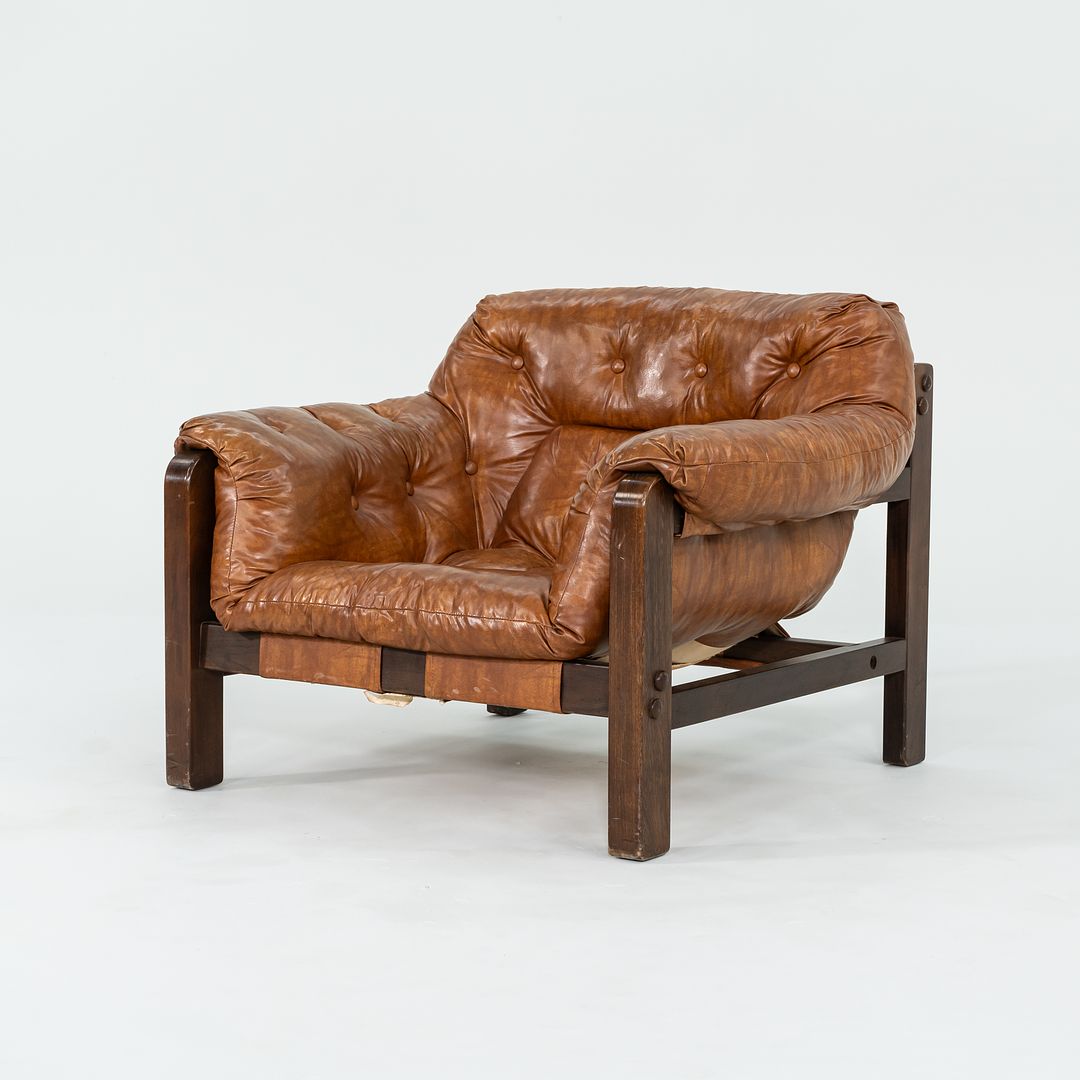 1977 Pair of Percival Lafer Style Sling Lounge Chairs in Brown Naugahyde and Stained Walnut