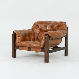 SOLD 1977 Pair of Percival Lafer Style Sling Lounge Chairs in Brown Naugahyde and Stained Walnut