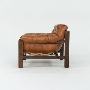 1977 Pair of Percival Lafer Style Sling Lounge Chairs in Brown Naugahyde and Stained Walnut