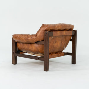 1977 Pair of Percival Lafer Style Sling Lounge Chairs in Brown Naugahyde and Stained Walnut