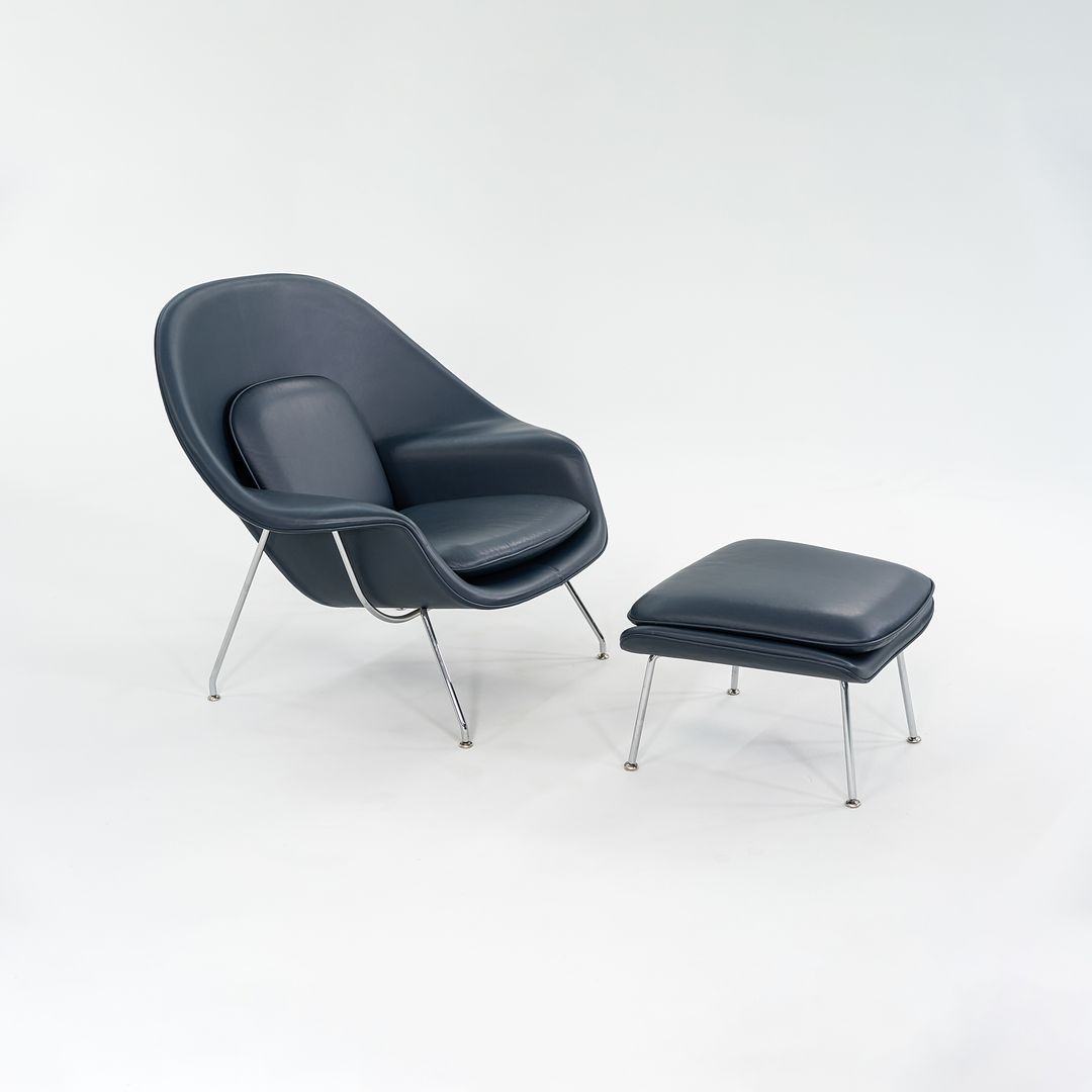 2019 Womb Chair and Ottoman, Models 70L and 74Y by Eero Saarinen for Knoll in Blue Leather