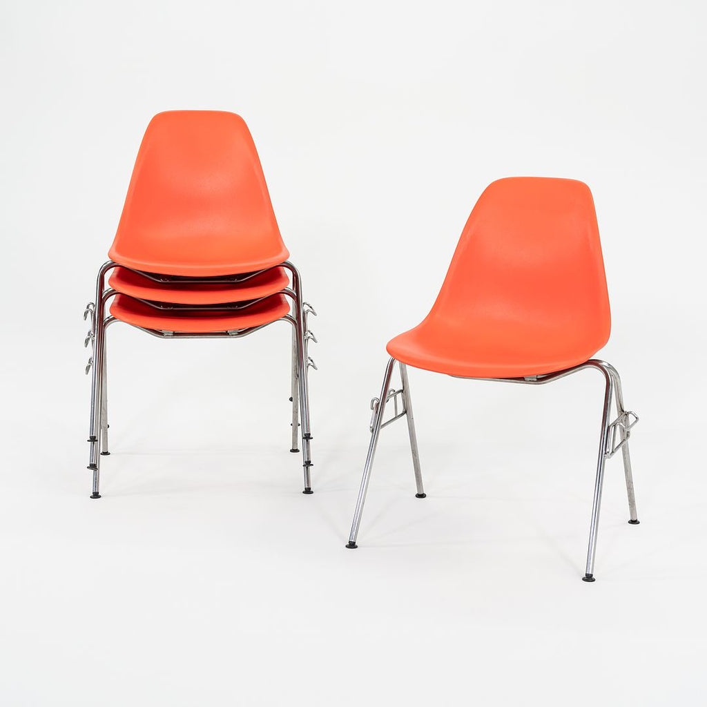 2015 Set of Four Herman Miller Stacking Eames Plastic Side Shell Dining Chairs by in Red/Orange