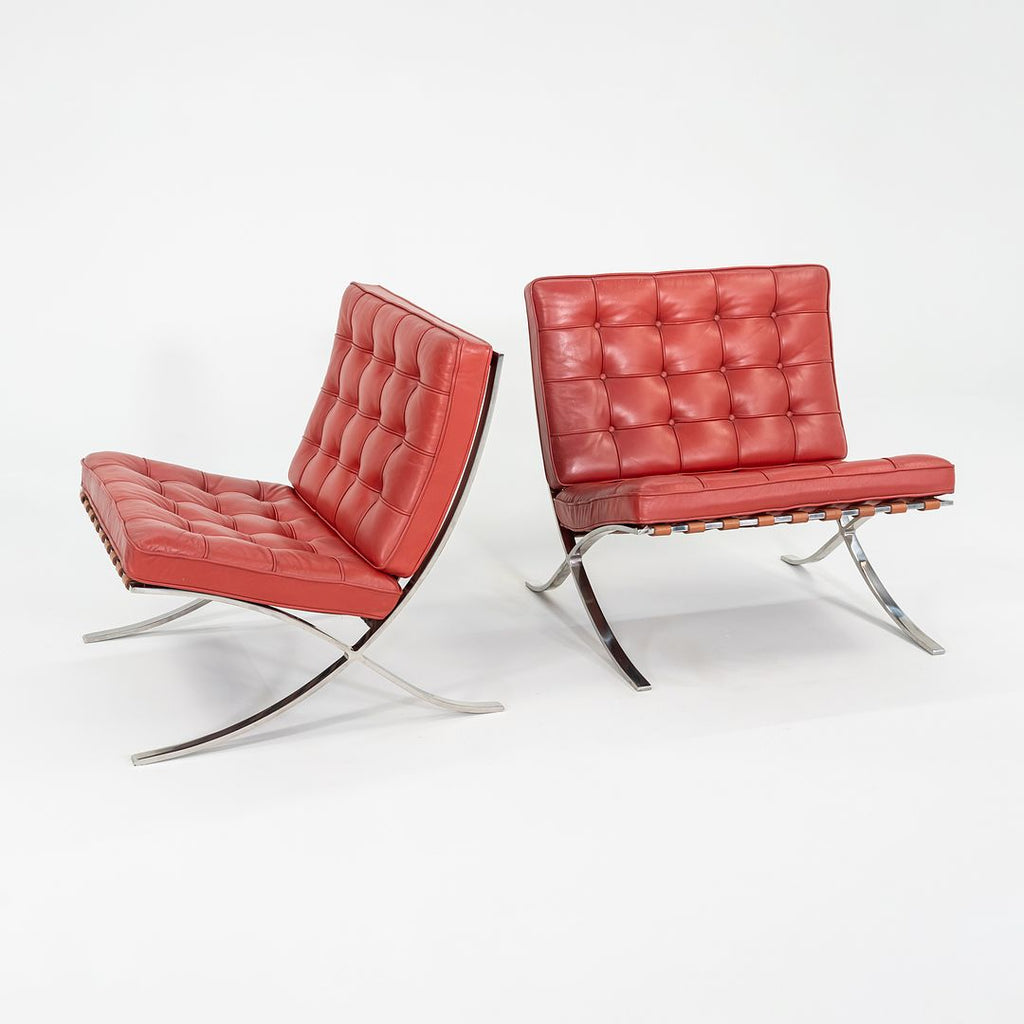 1995 Pair of Mies van der Rohe Barcelona Lounge Chairs with Stainless Frames in Sabrina Nasturtium Red Leather