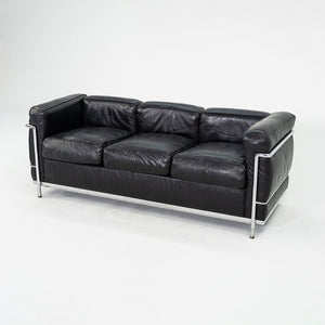 1980s Cassina LC2 Three Seat Sofa in Black Leather by Le Corbusier, Pierre Jeanneret and Charlotte Perriand