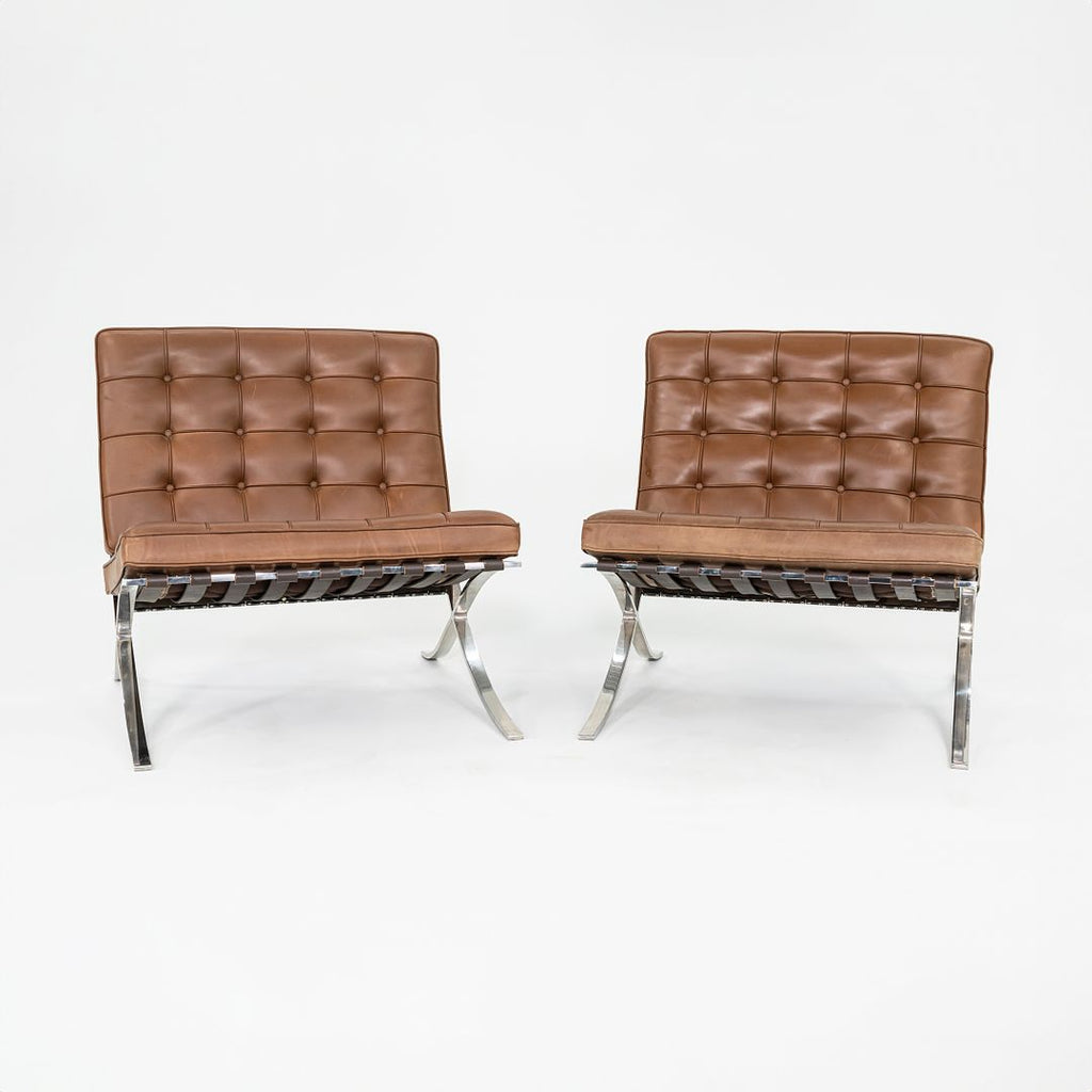 1990 Knoll Barcelona Lounge Chairs by Mies van der Rohe in Brown Leather and Stainless Model 250LS 5x Available