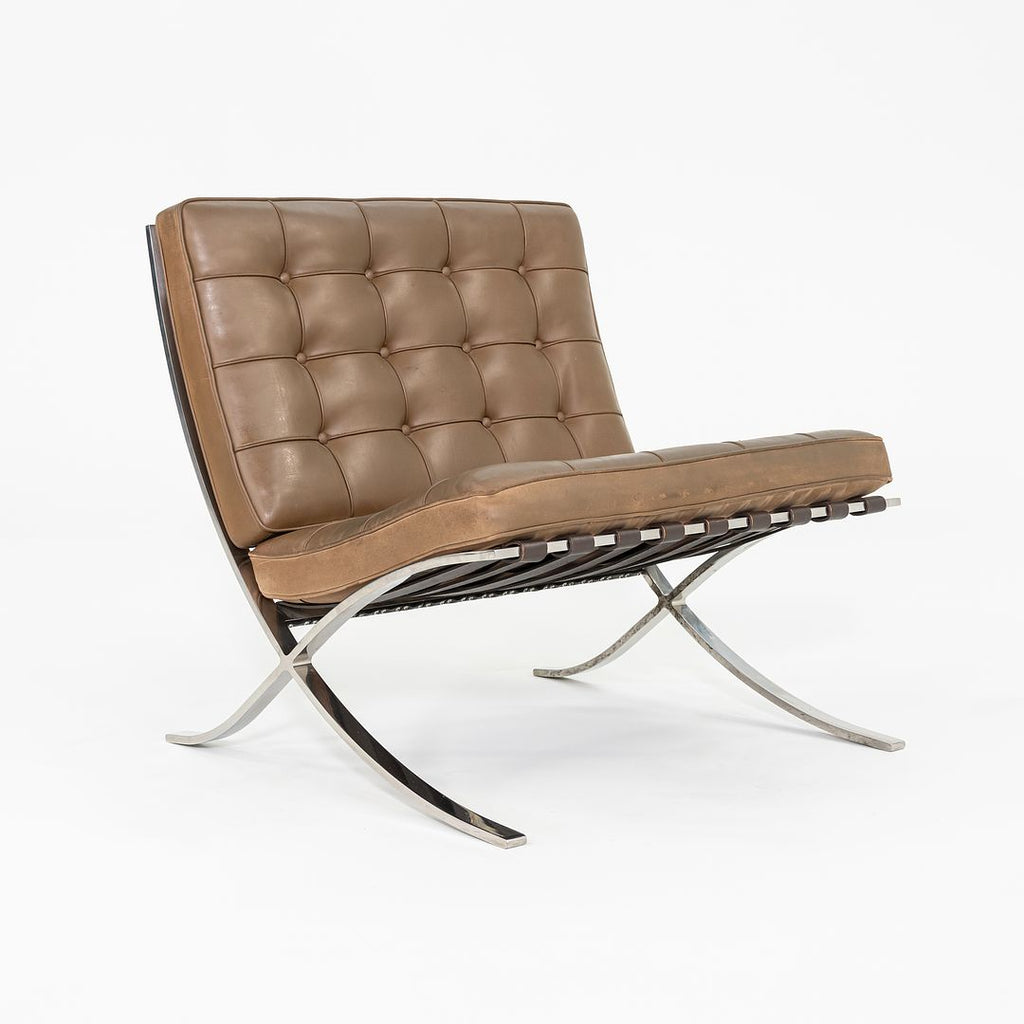 1990 Mies van der Rohe for Knoll Barcelona Lounge Chair in Tan Leather with Polished Stainless Frame