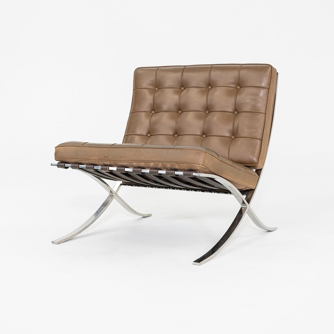 1990 Mies van der Rohe for Knoll Barcelona Lounge Chair in Tan Leather with Polished Stainless Frame