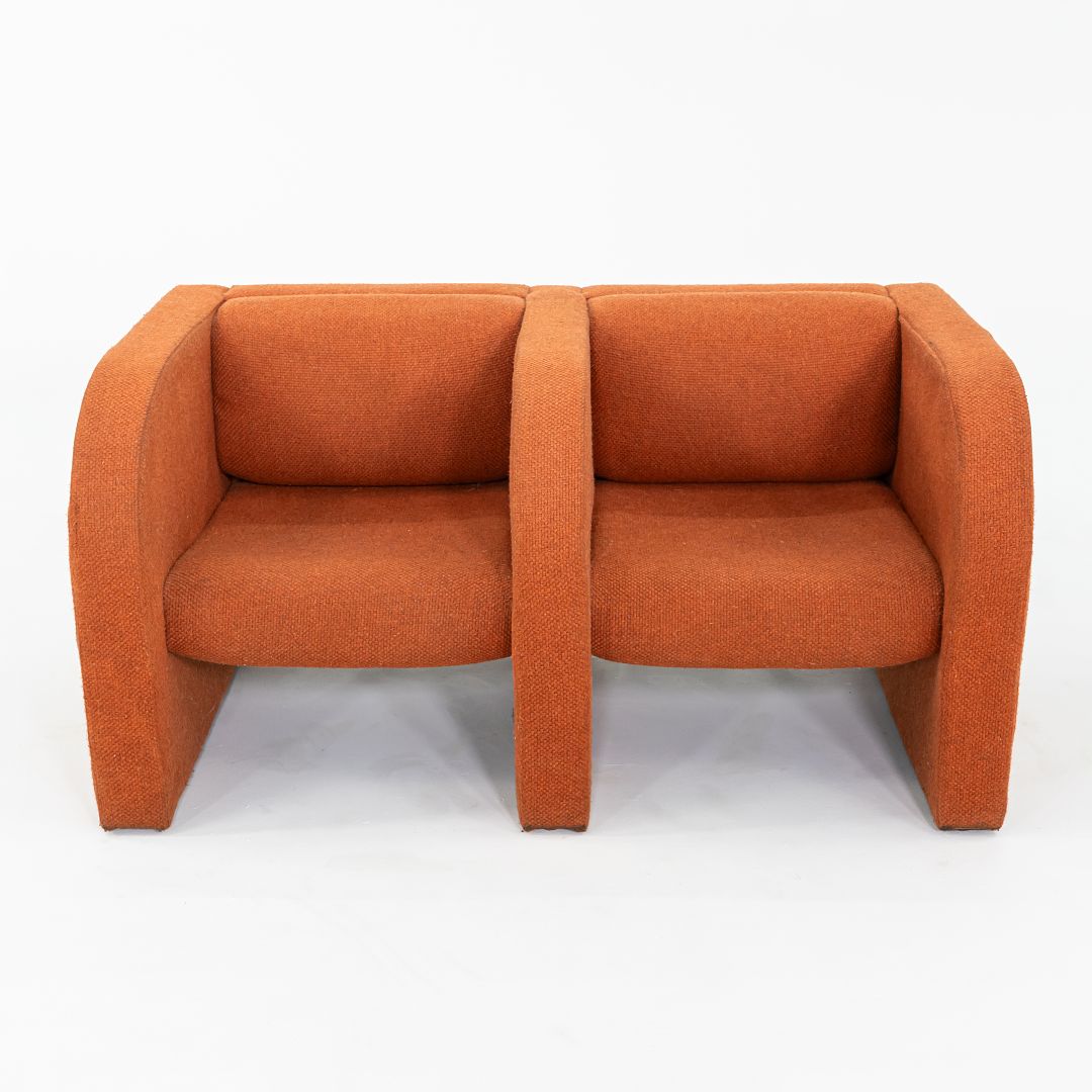 1970s Modernist Sculptural Two Seat Settee Sofa in Orange Hopsack Fabric