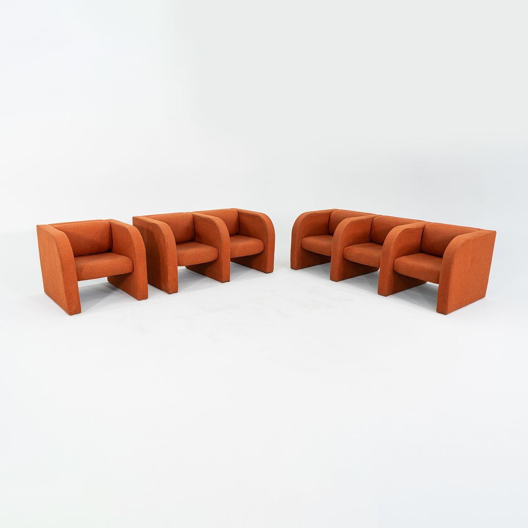 1970s Modernist Sculptural Two Seat Settee Sofa in Orange Hopsack Fabric