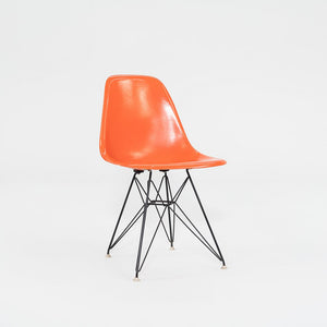 1962 Set of Four Herman Miller Eames DSR Fiberglass Dining Side Shell Chairs in Red/Orange with Eiffel Bases