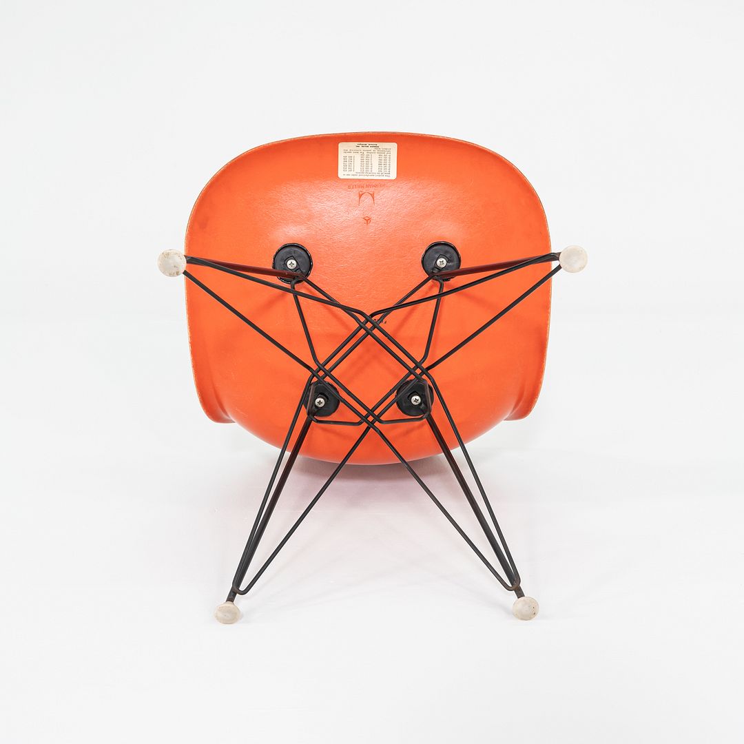 1962 Set of Four Herman Miller Eames DSR Fiberglass Dining Side Shell Chairs in Red/Orange with Eiffel Bases