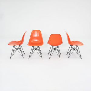 1962 Set of Four Herman Miller Eames DSR Fiberglass Dining Side Shell Chairs in Red/Orange with Eiffel Bases