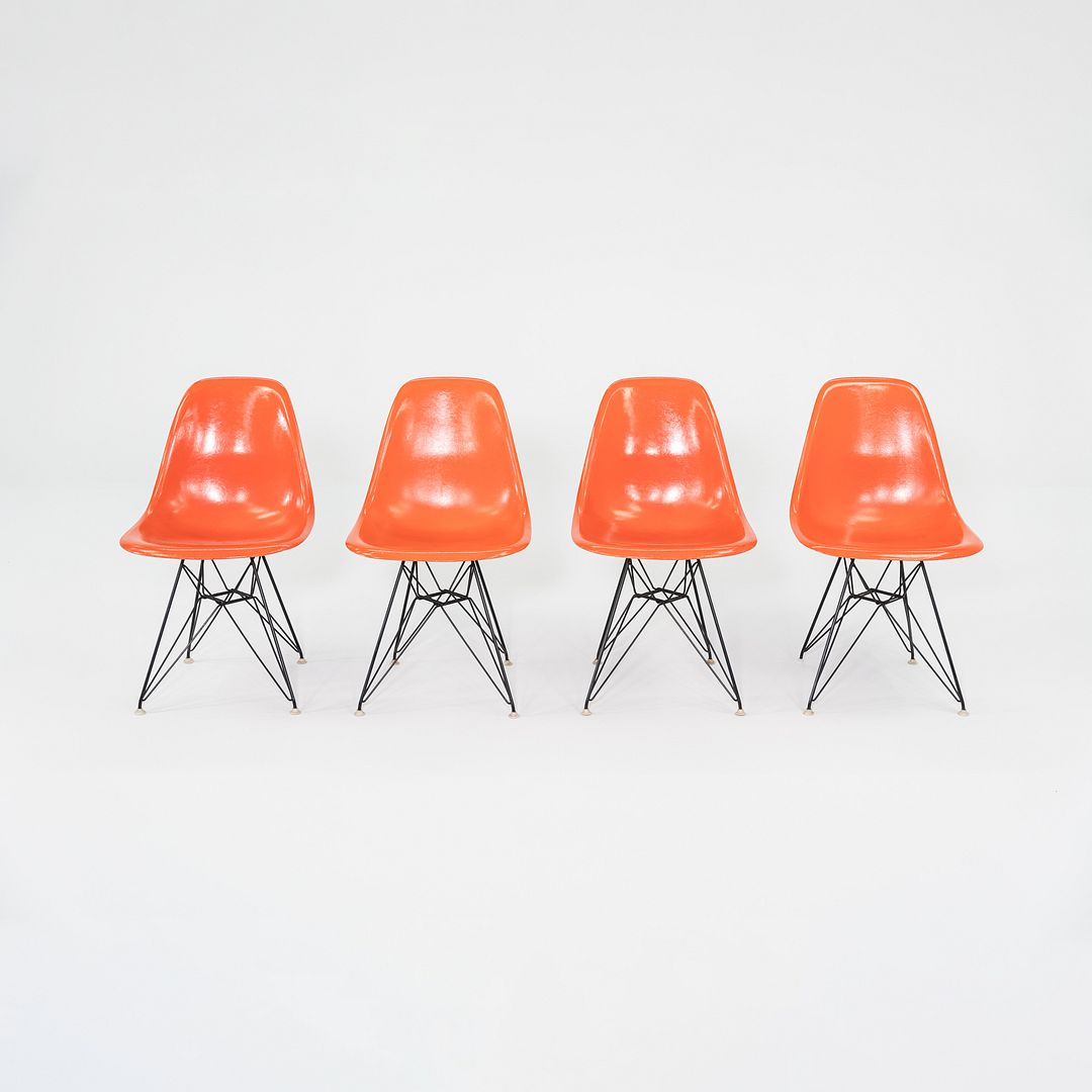 1962 Set of Four Herman Miller Eames DSR Fiberglass Dining Side Shell Chairs in Red/Orange with Eiffel Bases