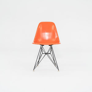 1962 Set of Four Herman Miller Eames DSR Fiberglass Dining Side Shell Chairs in Red/Orange with Eiffel Bases