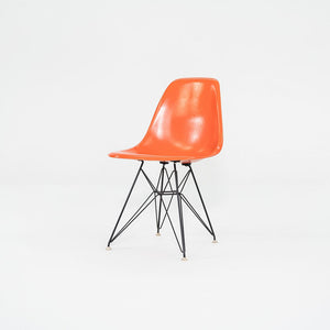 1962 Set of Four Herman Miller Eames DSR Fiberglass Dining Side Shell Chairs in Red/Orange with Eiffel Bases