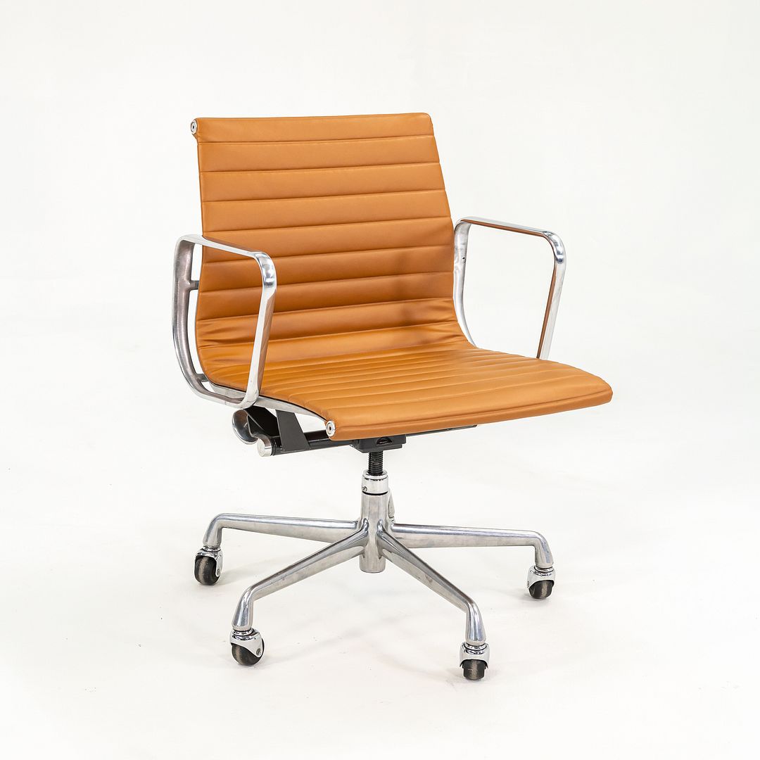 SOLD 2010s Aluminum Group Management Desk Chair by Charles and Ray Eames for Herman Miller in Cognac Leather