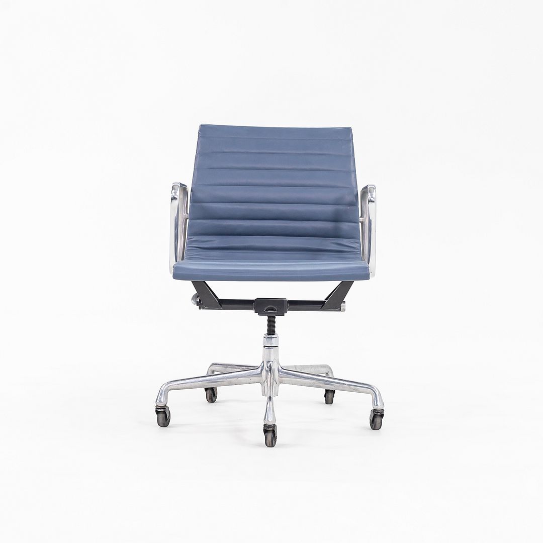 SOLD 2010s Aluminum Group Management Desk Chair, Model EA335 by Charles and Ray Eames for Herman Miller in Blue Leather 2x Available